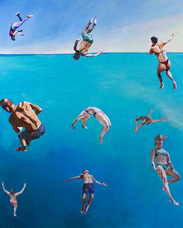 Composition of 9 falling figures centered around a rotating female figure